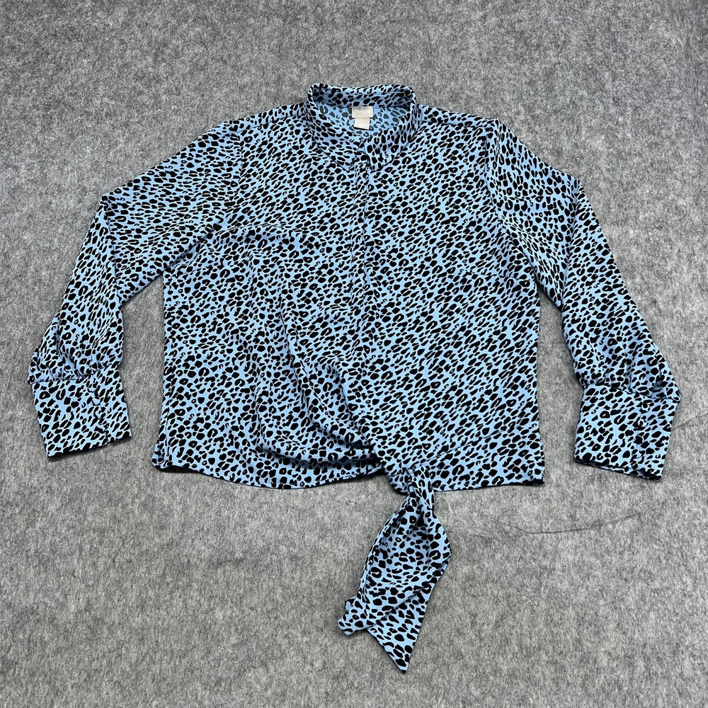Chico's Blue and Black Leopard Print Button-Down Tie Front Top